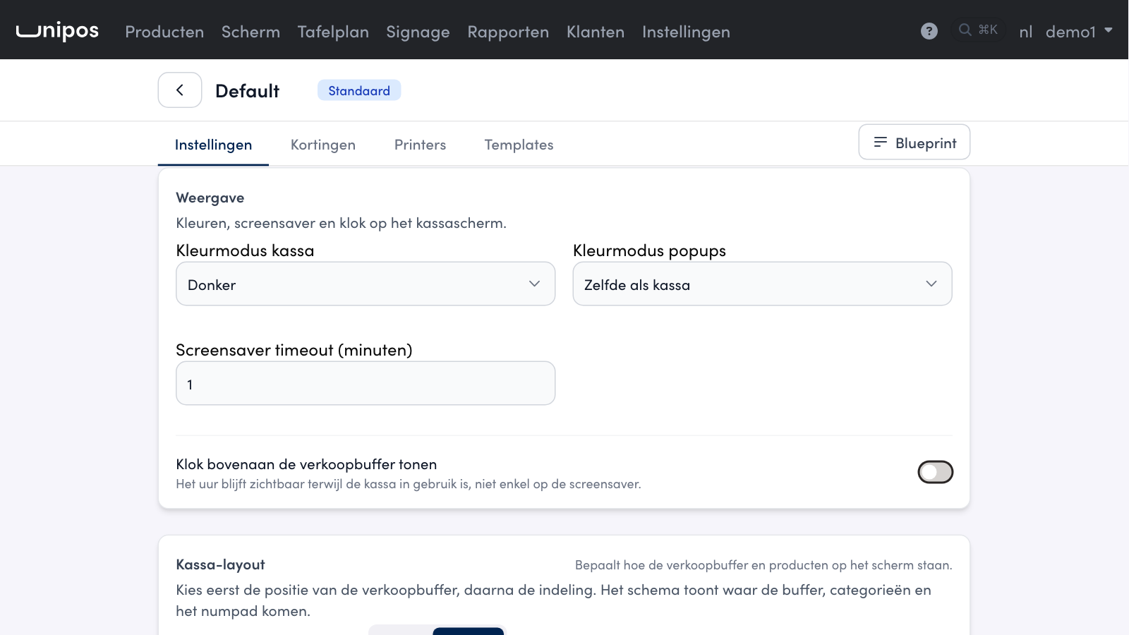 The Weergave (Display) card in the settings of the POS configuration, with Klok bovenaan de verkoopbuffer tonen off.