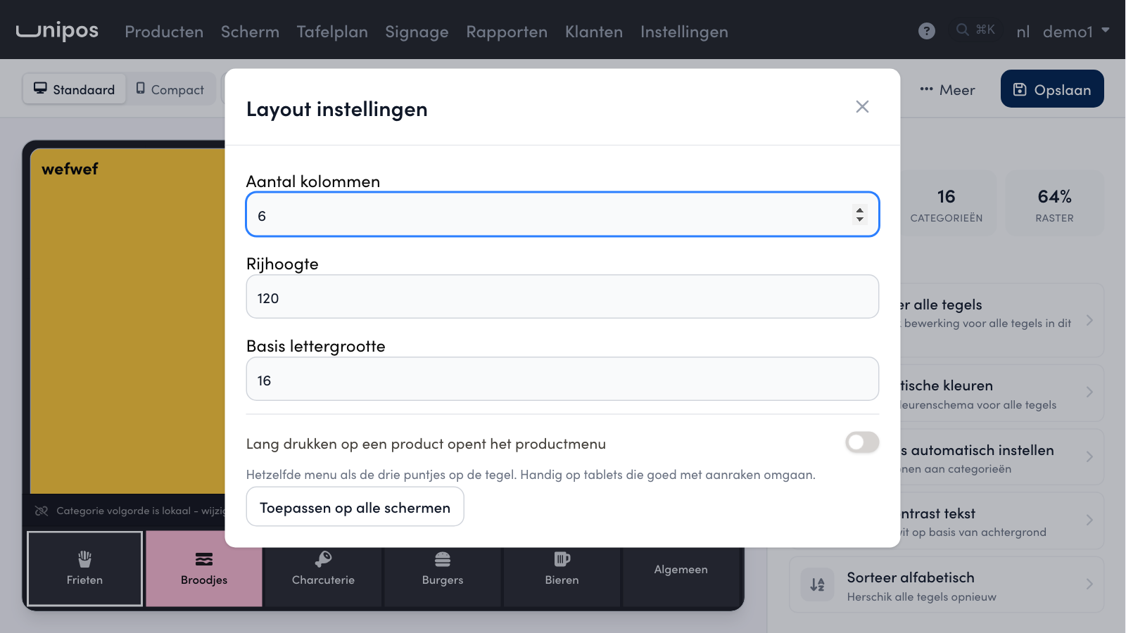 The Layout instellingen window in the screen editor, with Lang drukken op een product opent het productmenu off.