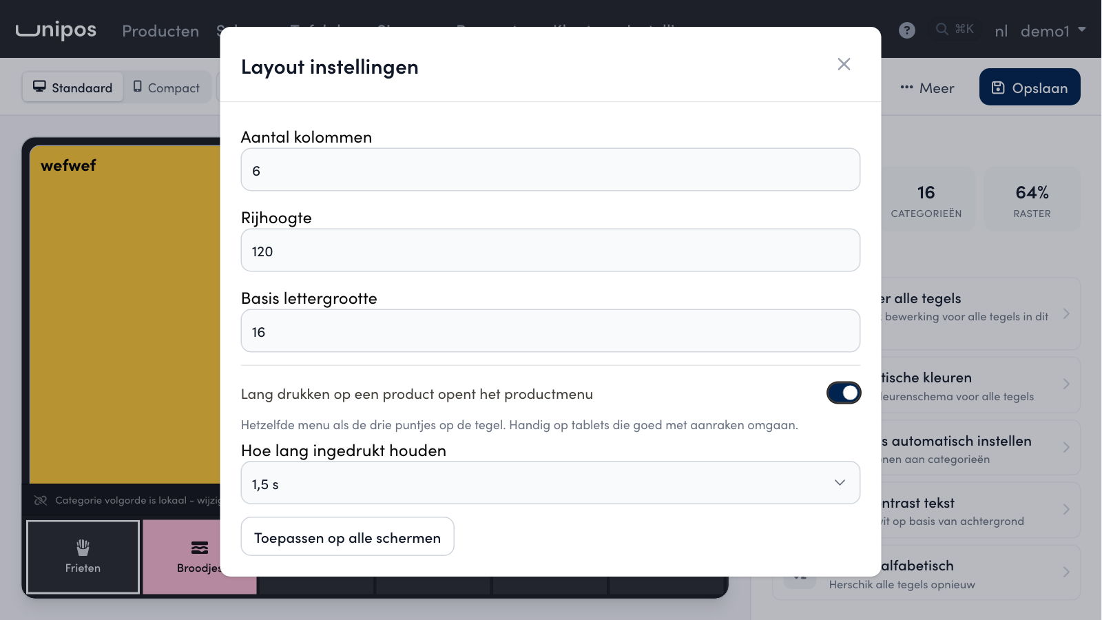 Long press is on and 1.5 s is chosen under Hoe lang ingedrukt houden.