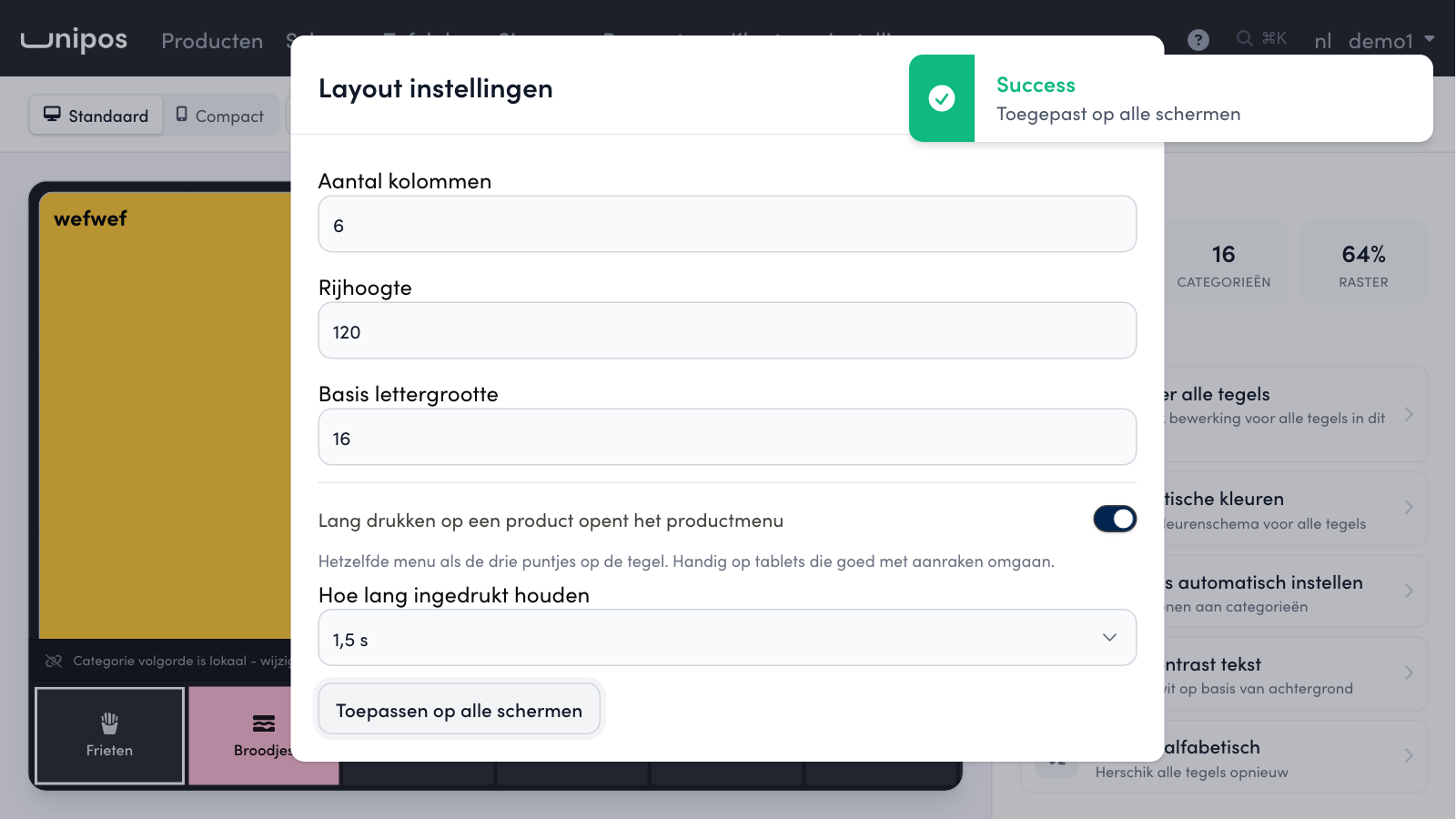 After Toepassen op alle schermen the management page shows Toegepast op alle schermen.