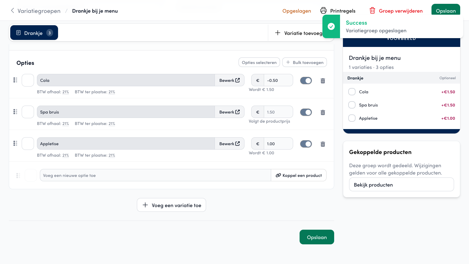 Saved: the preview shows Cola at € 1.50 and Appletise at € 1.00.