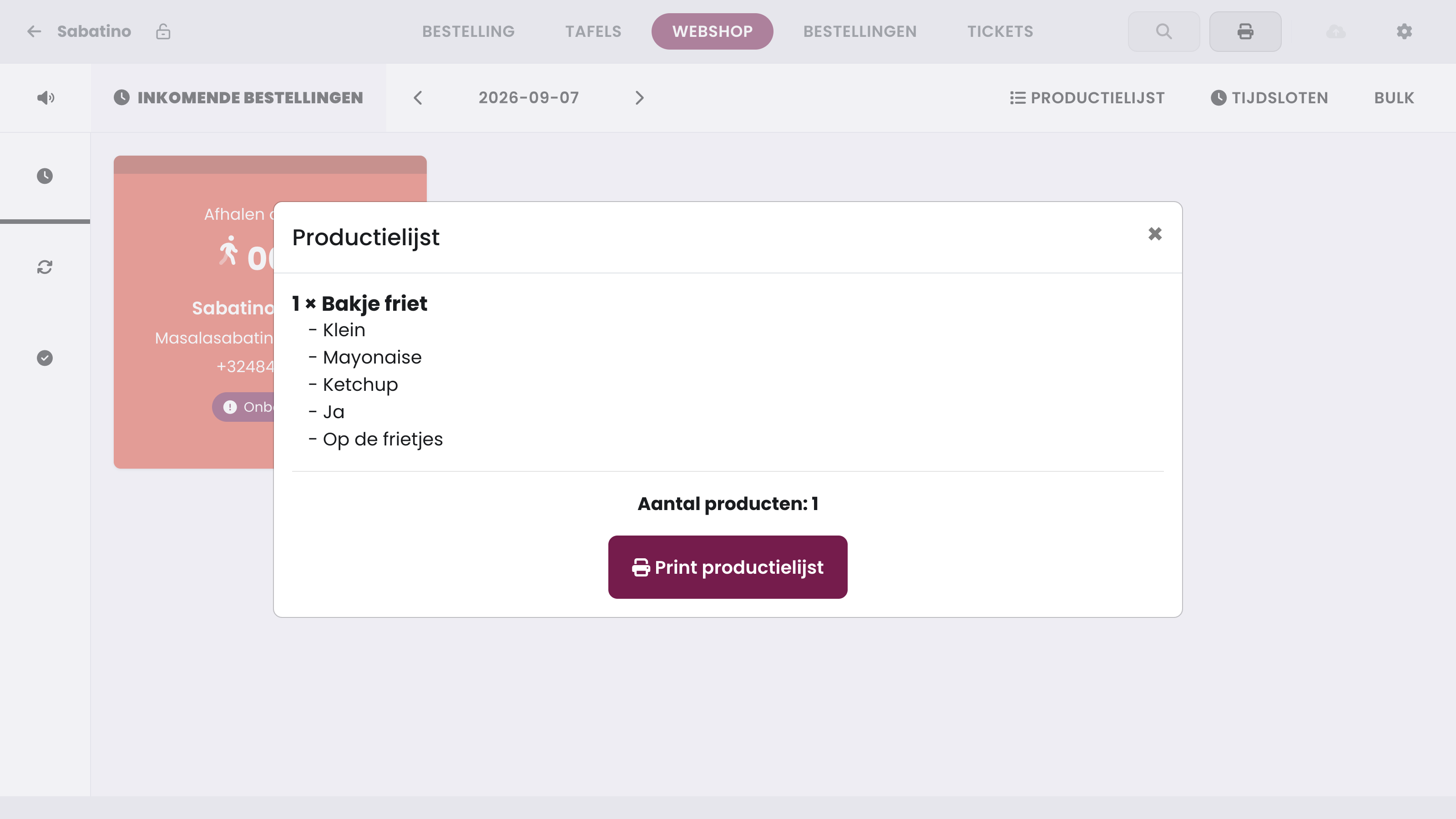 The Production list window: all products from the orders of that day added up, with their options, and the Print production list button.