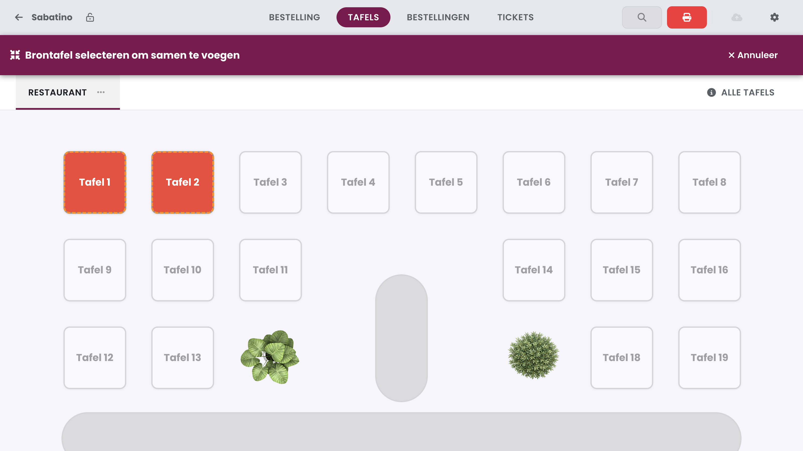 The Select source table to merge bar: only tables with an open order light up. Tap Table 1.