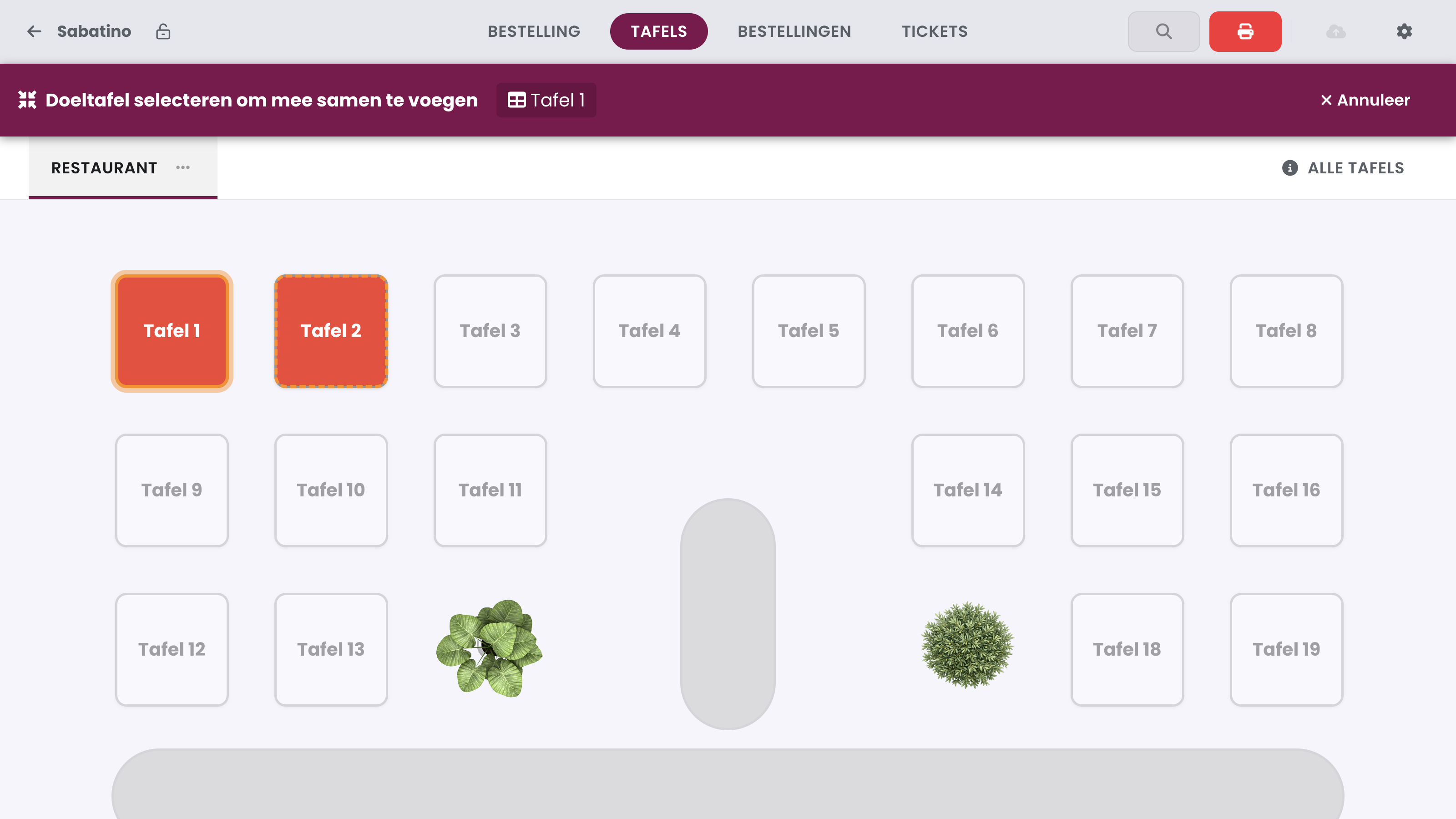 Select table to merge into: tap the other open table, here Table 2.