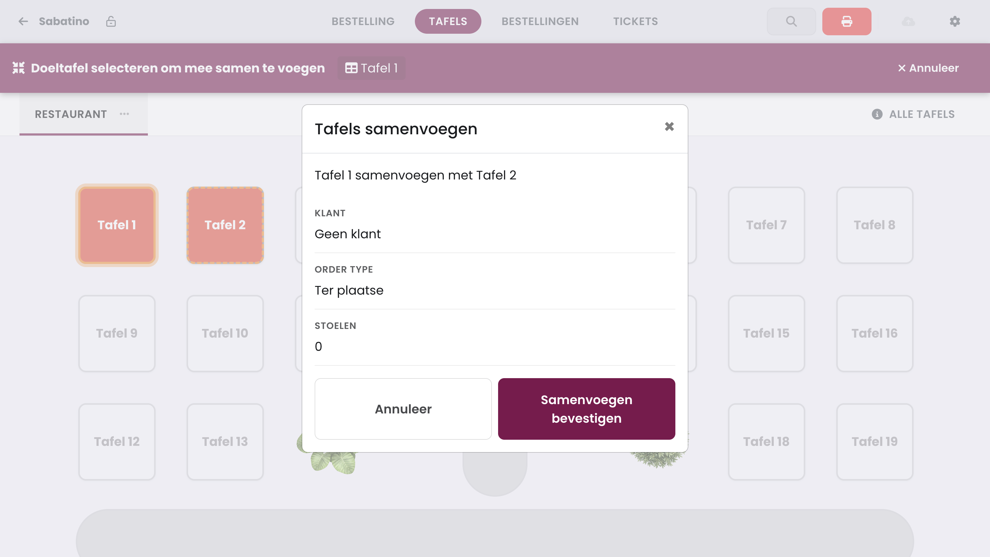 The Merge tables window shows Customer, Order type and Chairs of the target table. Tap Confirm merge.
