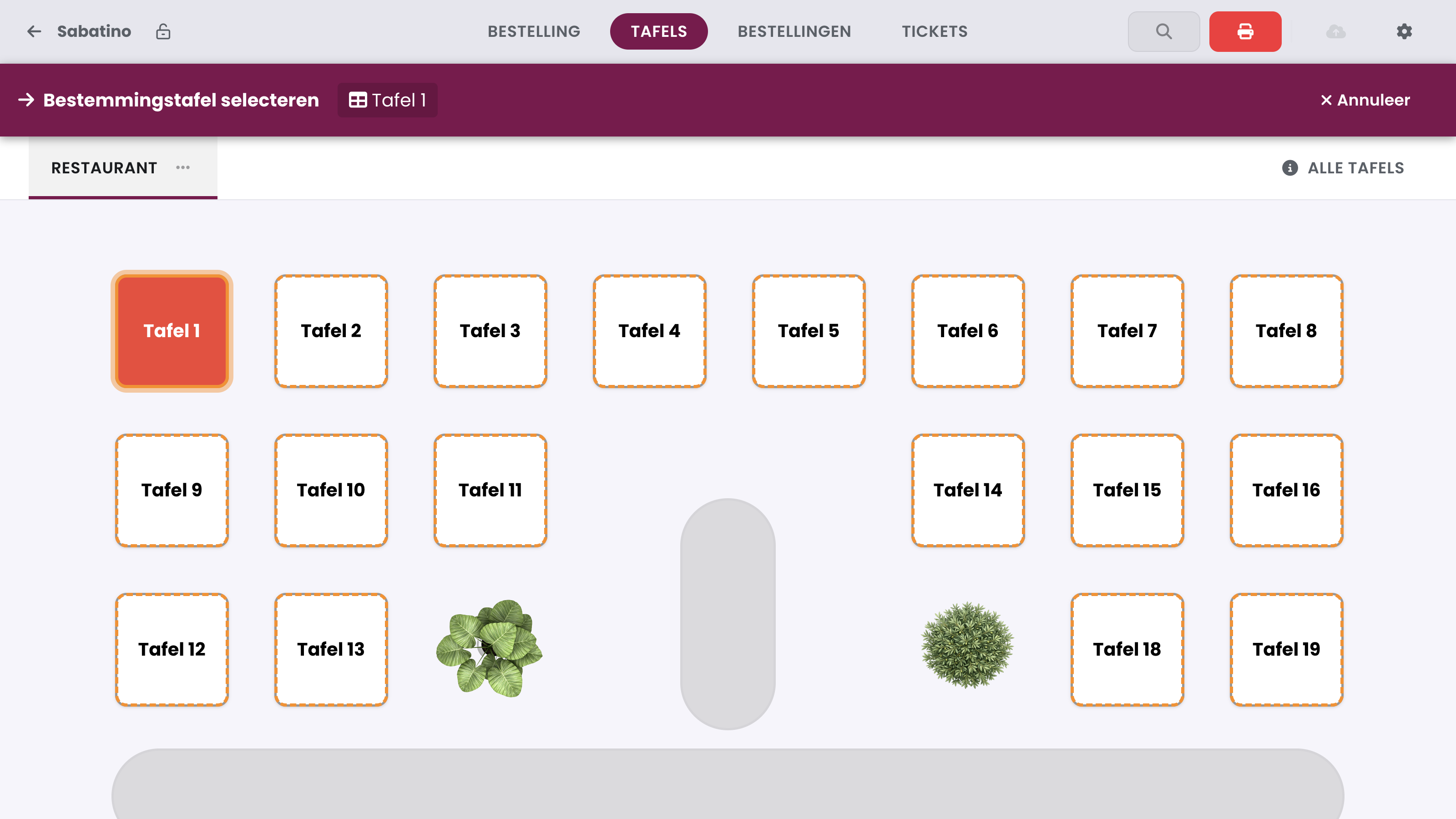 The Select destination table bar shows the chosen source table. Tap a free table, here Table 2.