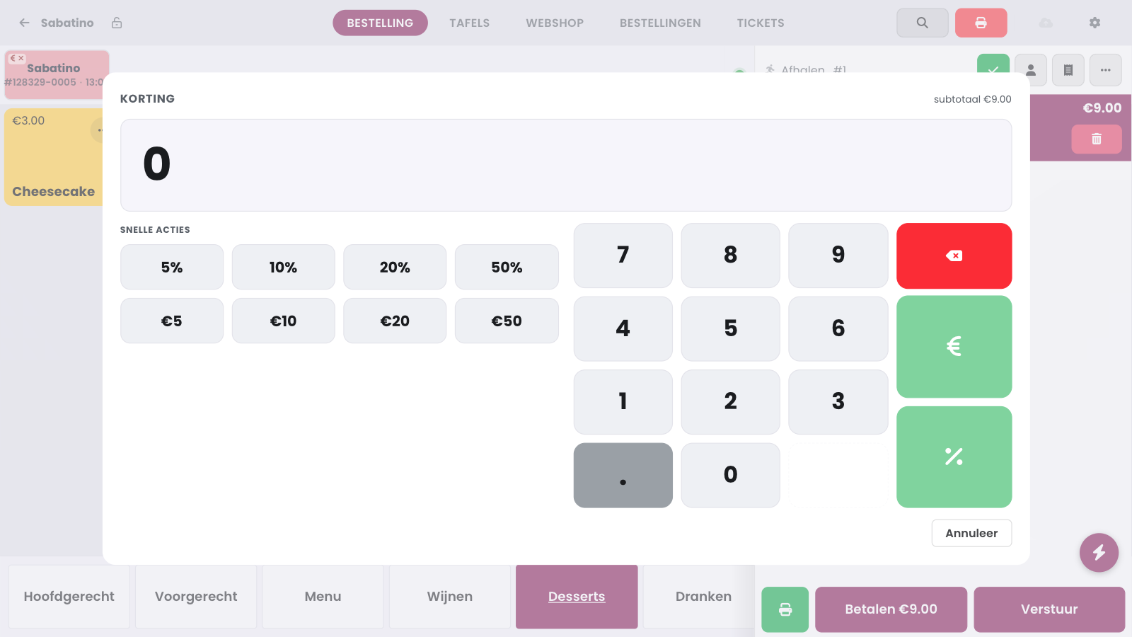 The Discount window with subtotal 9,00 euro, the numeric keypad, the euro and percent buttons, and the quick actions 5, 10, 20 and 50 percent or 5, 10, 20 and 50 euro.