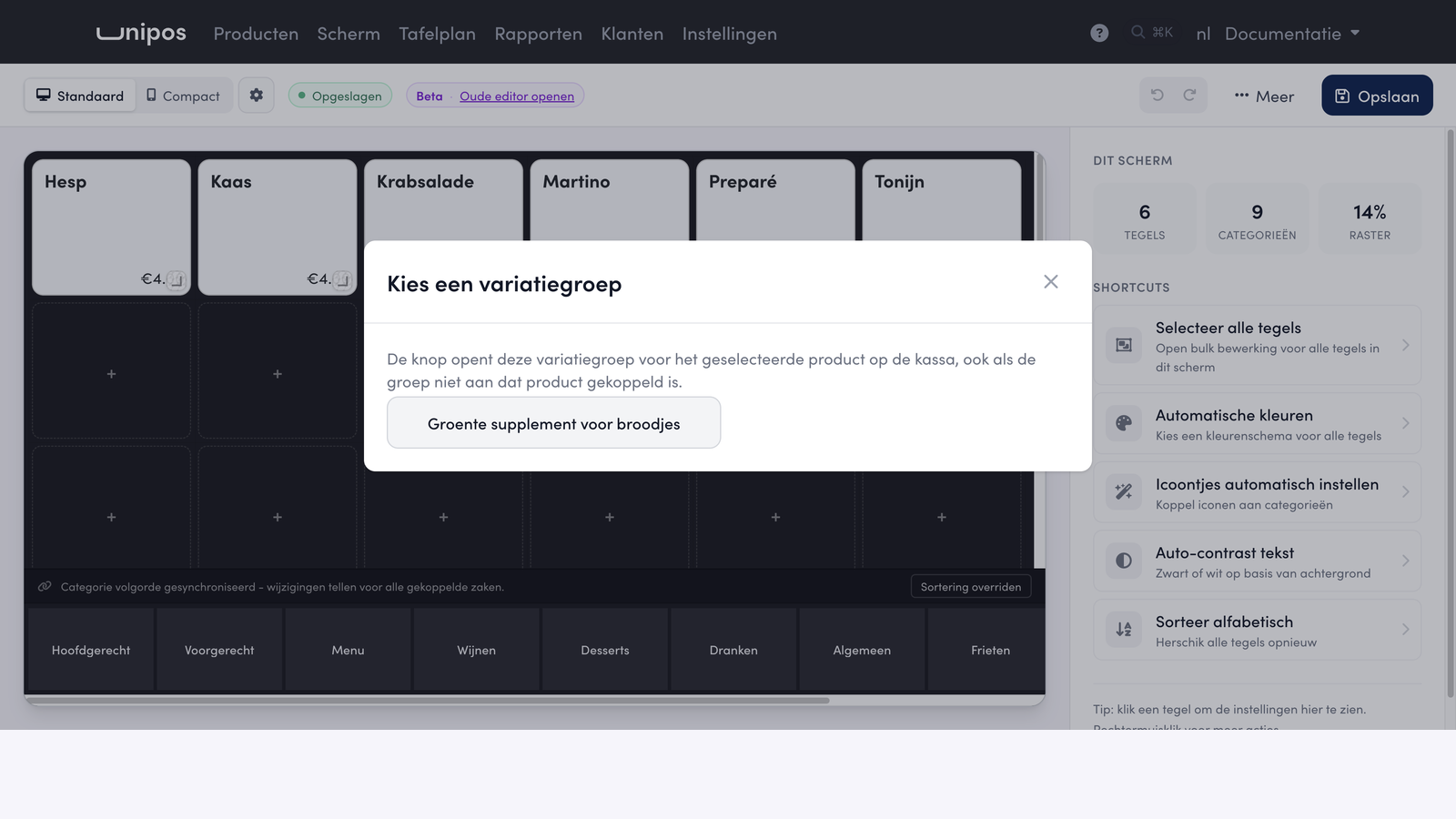 The Choose a variation group window with the button Groente supplement voor broodjes.