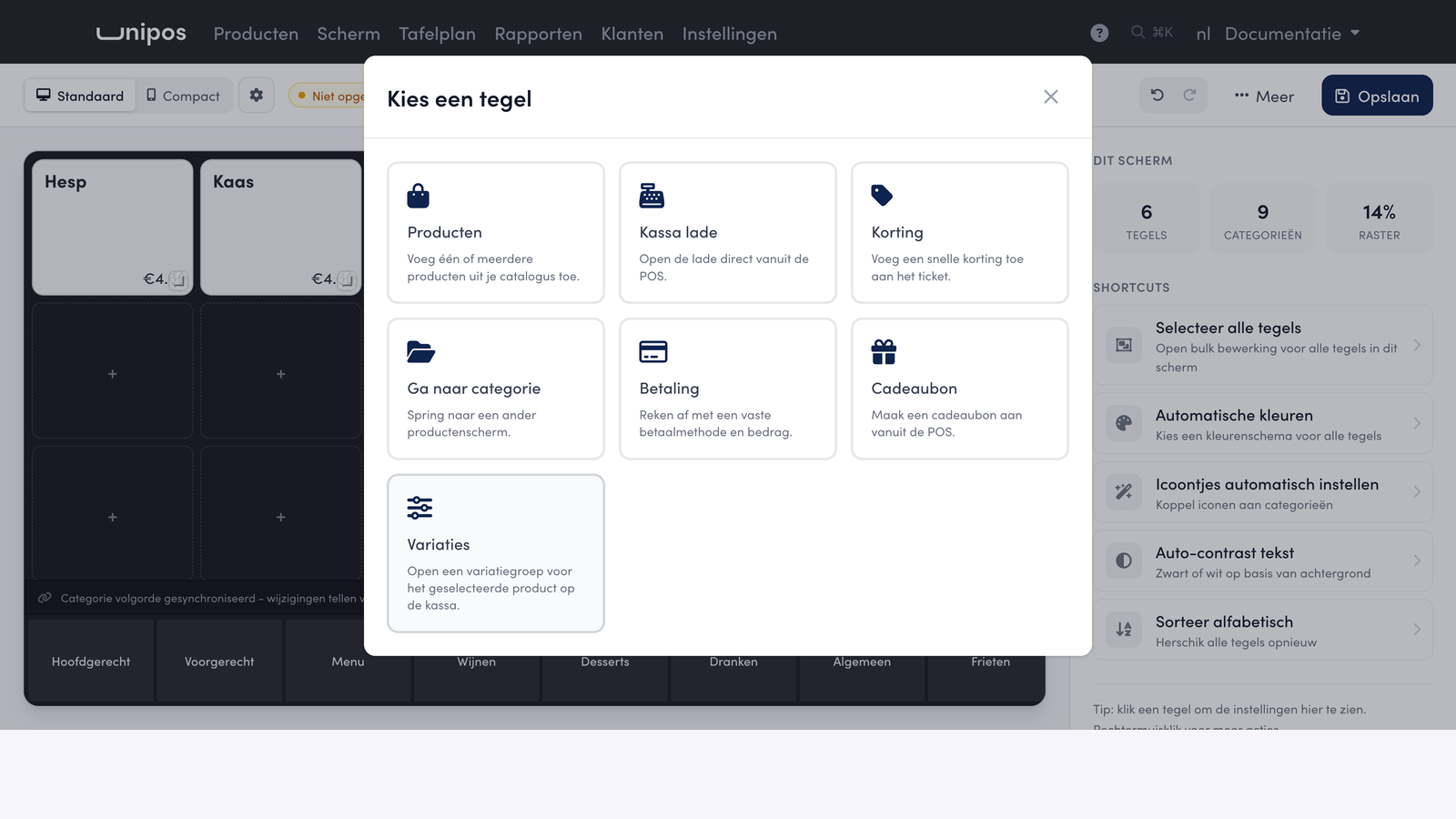 The POS screen on the management page with the Choose a tile window; the Variaties tile is at the bottom.
