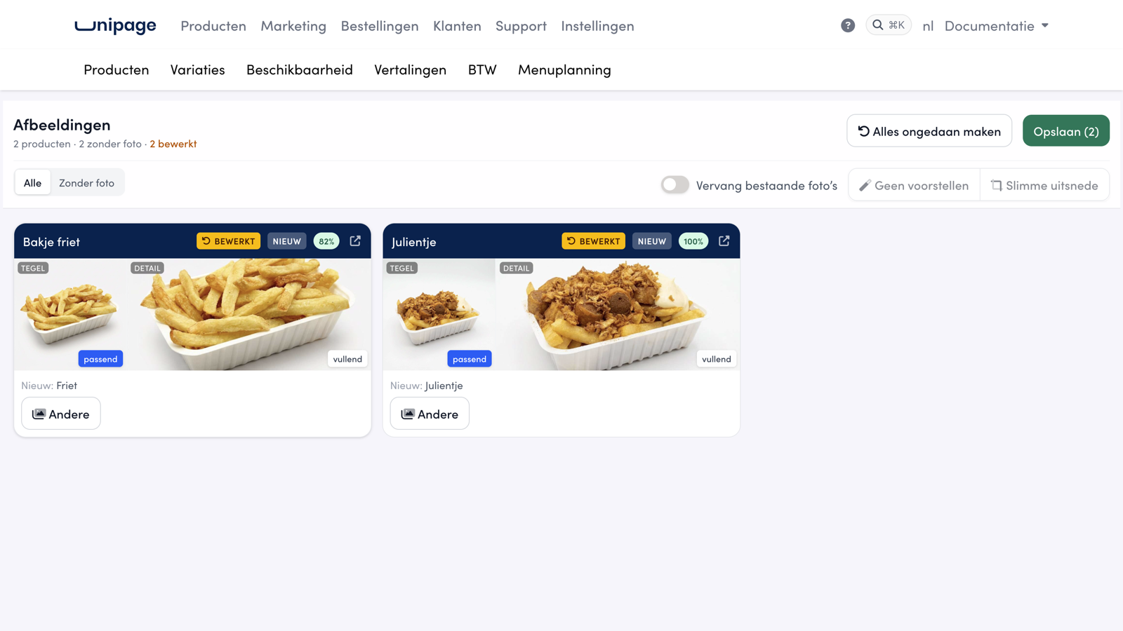 The detail frame of Bakje friet is now also set to fill. At the top right, Save (2) is ready.