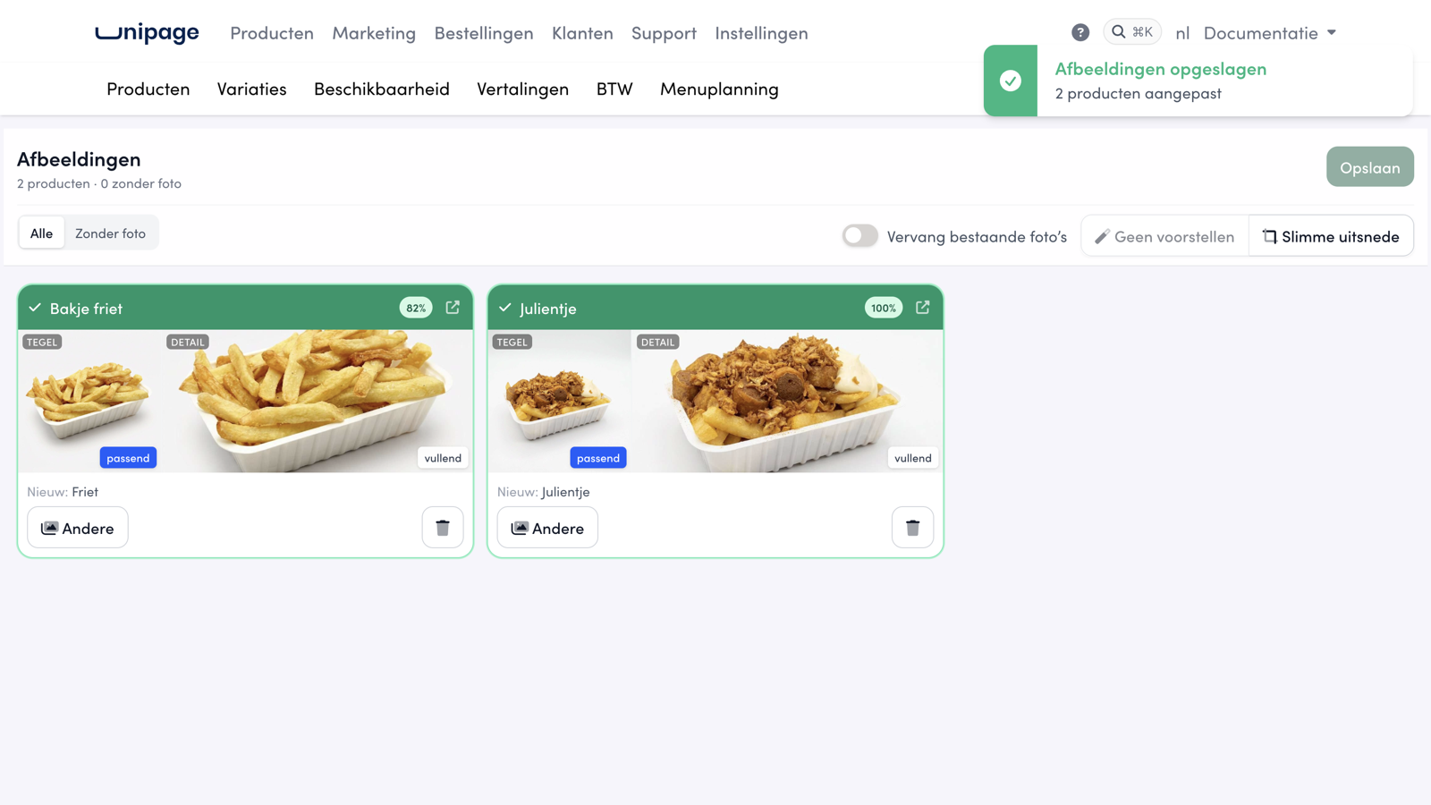 After Save, both cards turn green and the message Images saved: 2 products custom appears.