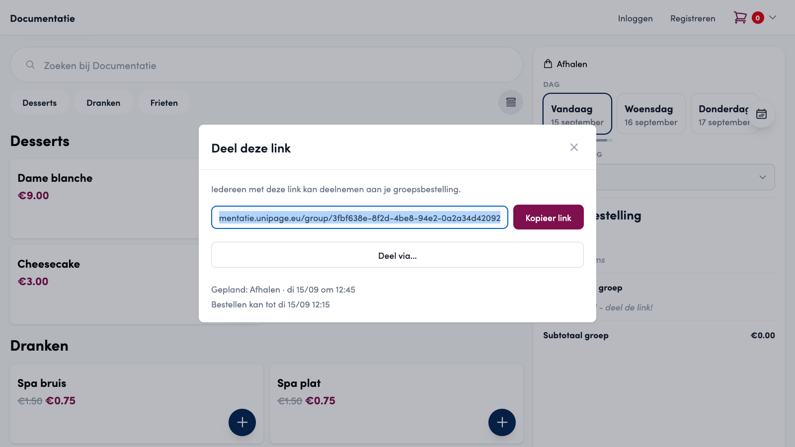 The Share this link window with the share link, the Copy link button, Share via..., Scheduled: Takeaway Tue 15/09 at 12:45 and Ordering is possible until 12:15.