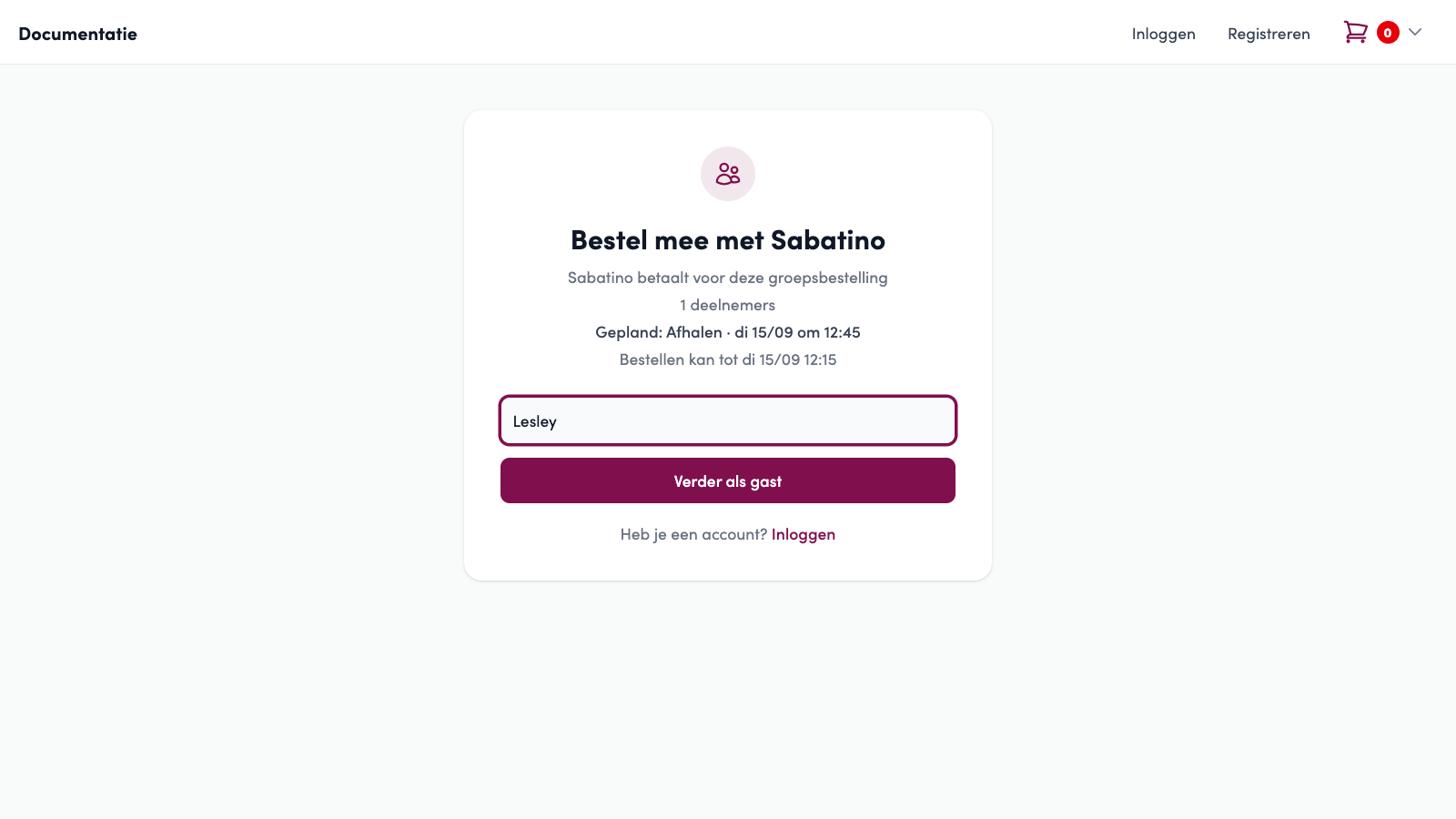 The join page Join the order with Sabatino: Sabatino is paying for this group order, 1 participants, the scheduled time, the deadline, the name field with Lesley and the Continue as a guest button.