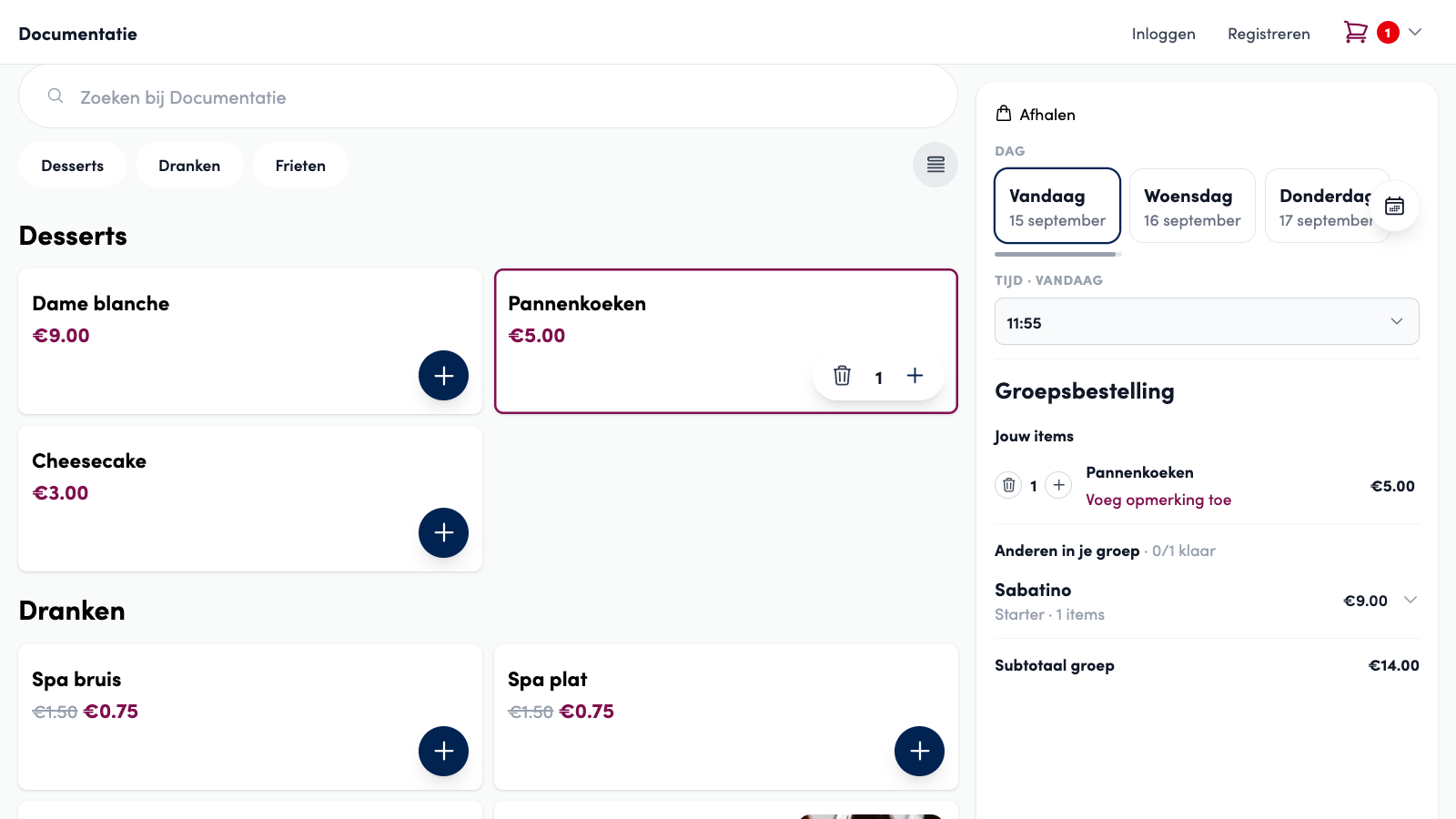 The webshop as Lesley sees it: under Group order, her own Pancakes under Your items, and below that Others in your group with Sabatino (Organiser, 1 items) and the Group subtotal of 14 euros.