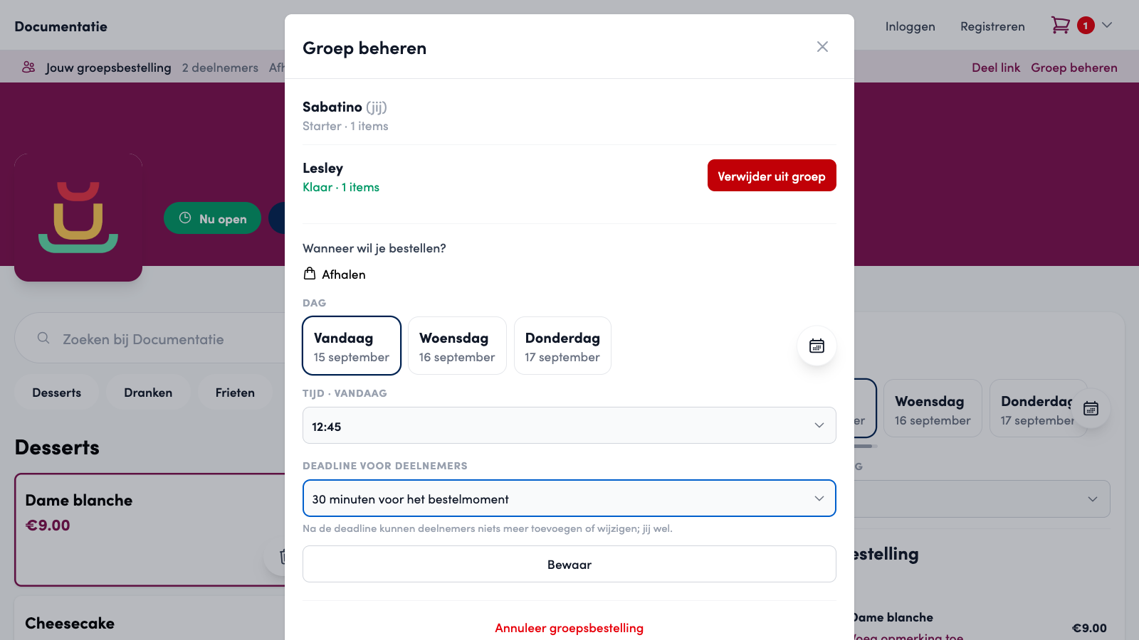 The Manage group window: Sabatino (you) as organiser, Lesley with Done 1 items and the Remove from group button, below that When do you want to order with day and time, Deadline for participants, Save and Cancel group order.