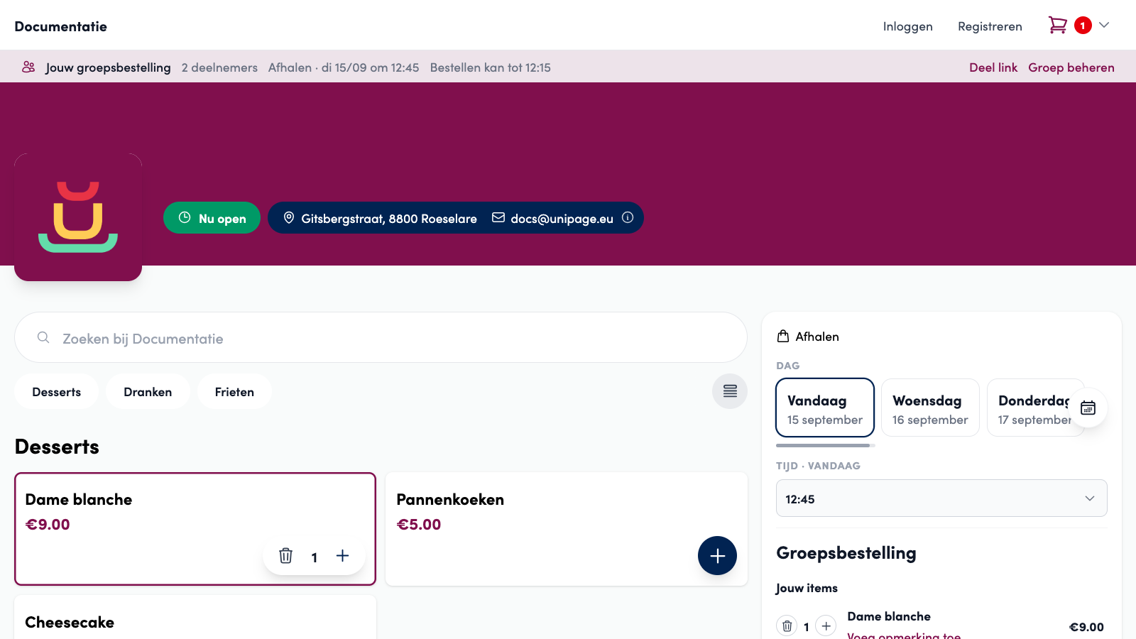 The Your group order bar below the webshop bar: 2 participants, Takeaway Tue 15/09 at 12:45, Ordering is possible until 12:15, with Share link and Manage group on the right.