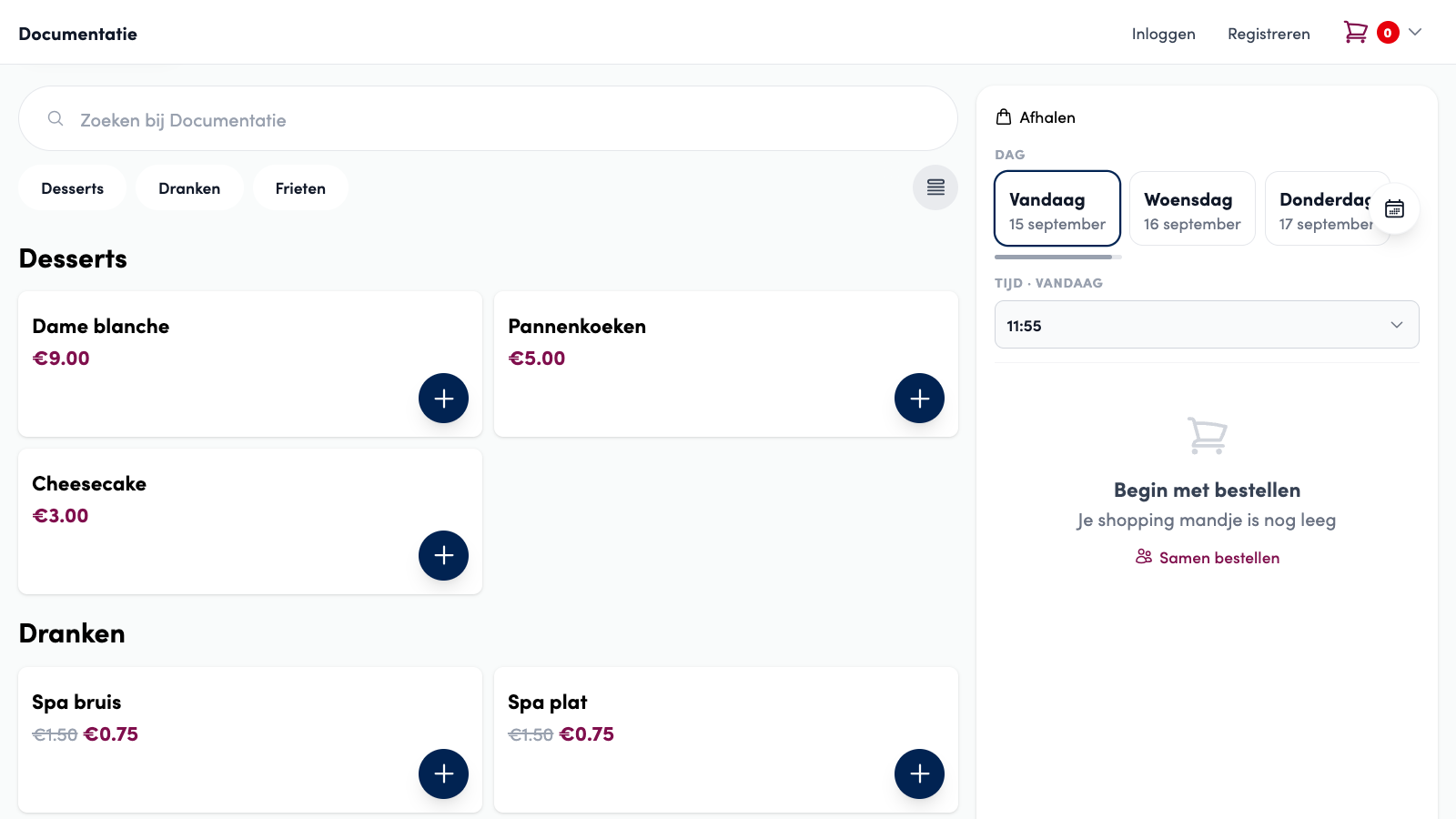 The webshop with an empty basket: Start ordering, Your basket is still empty, and below it the link Order together.