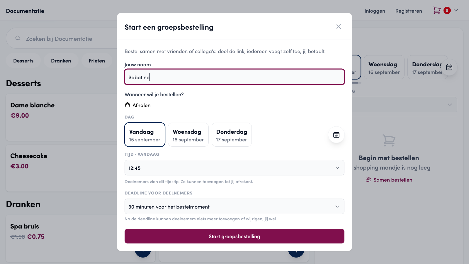 The Start a group order window: name Sabatino, pickup today at 12:45, deadline 30 minutes before the order time, and the Start group order button.