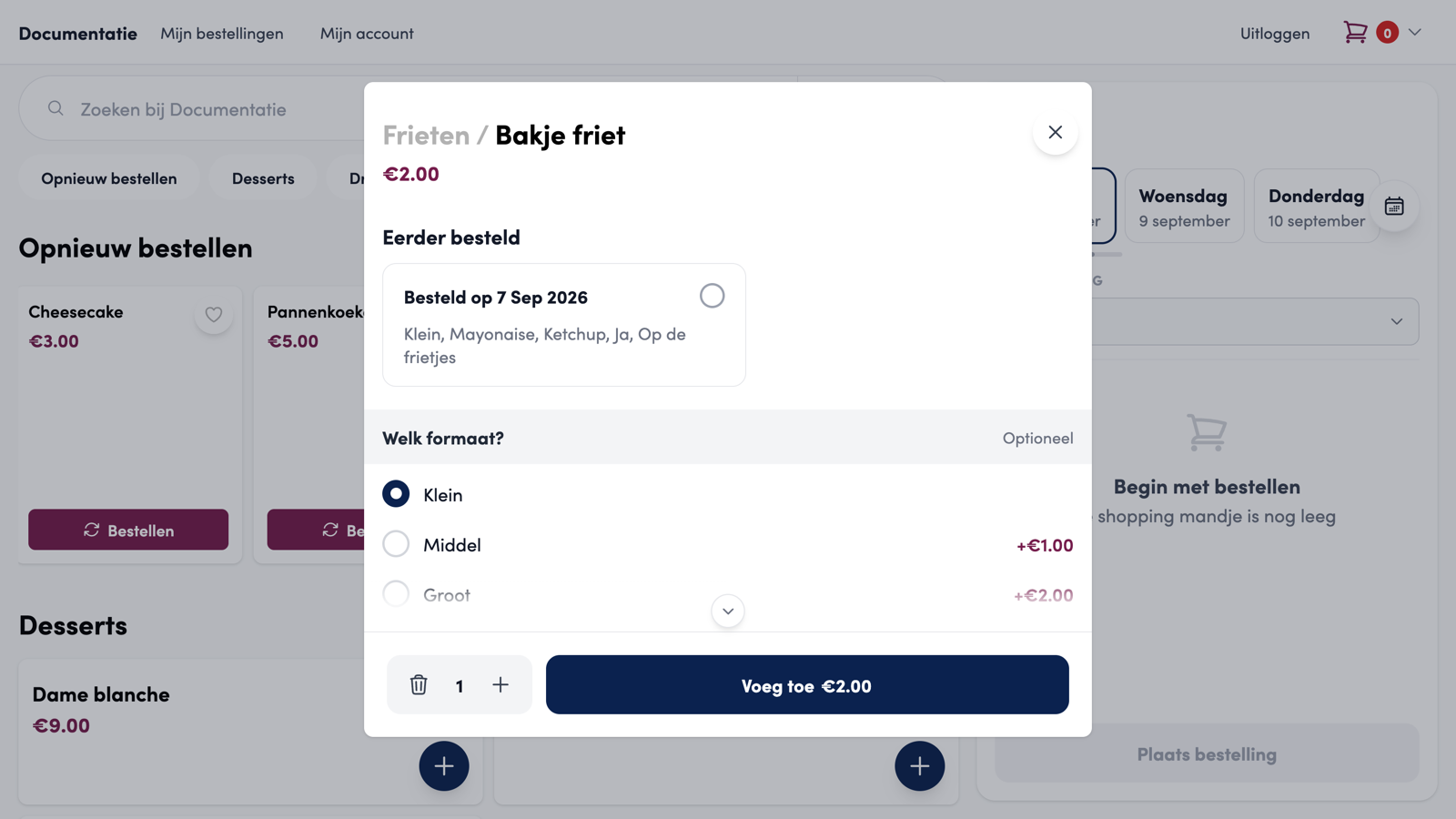 The product window for Bakje friet with the Previously ordered block; the customer taps the combination Ordered on 7 sep 2026.