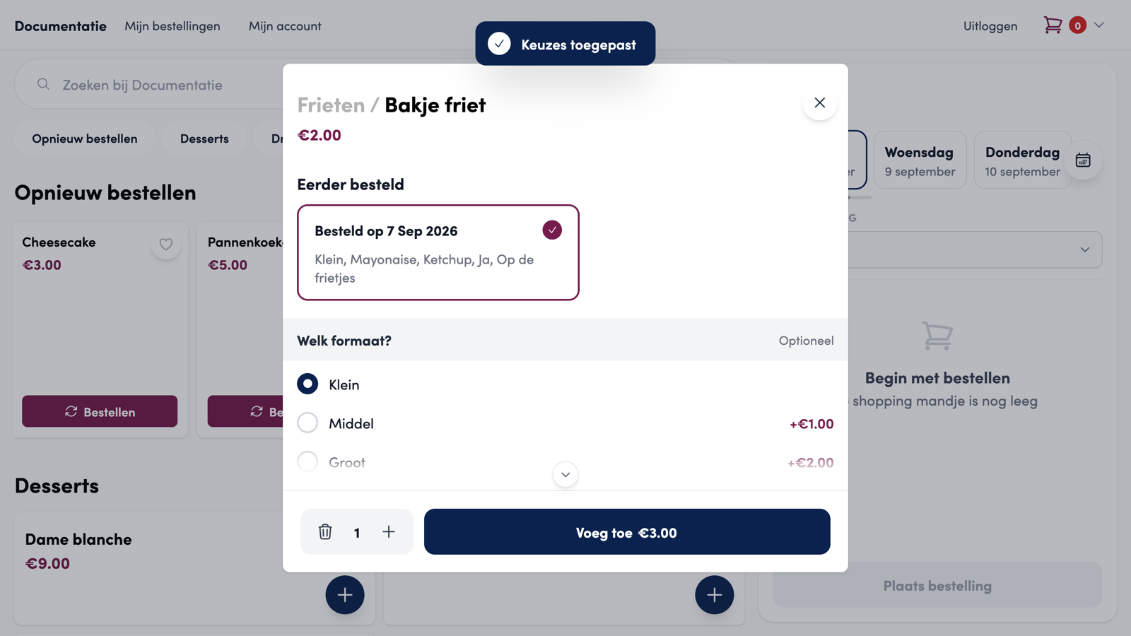 The choices from the previous order are ticked, the Selection applied message appears and the price is updated.