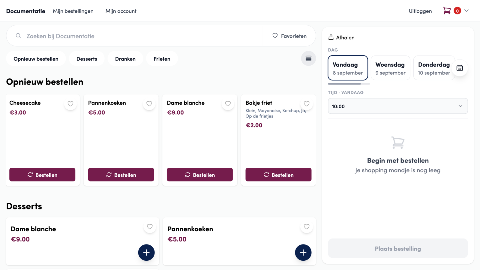 The Order again row on the webshop; the customer taps the Bakje friet card.