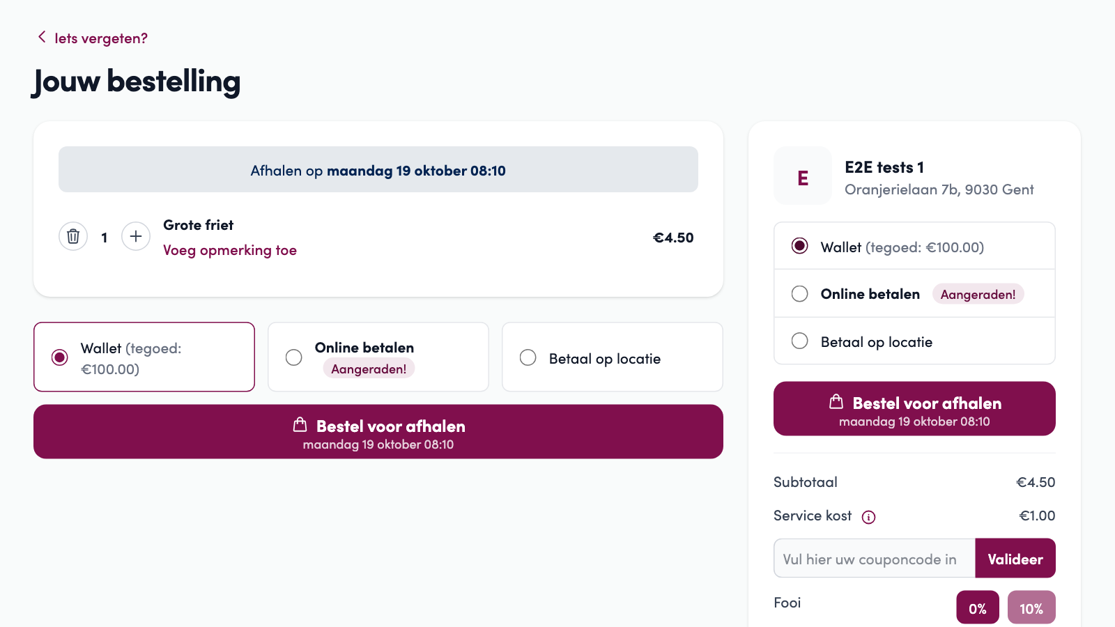 The same checkout after logging in: Wallet (tegoed: €100.00) is at the top and selected.